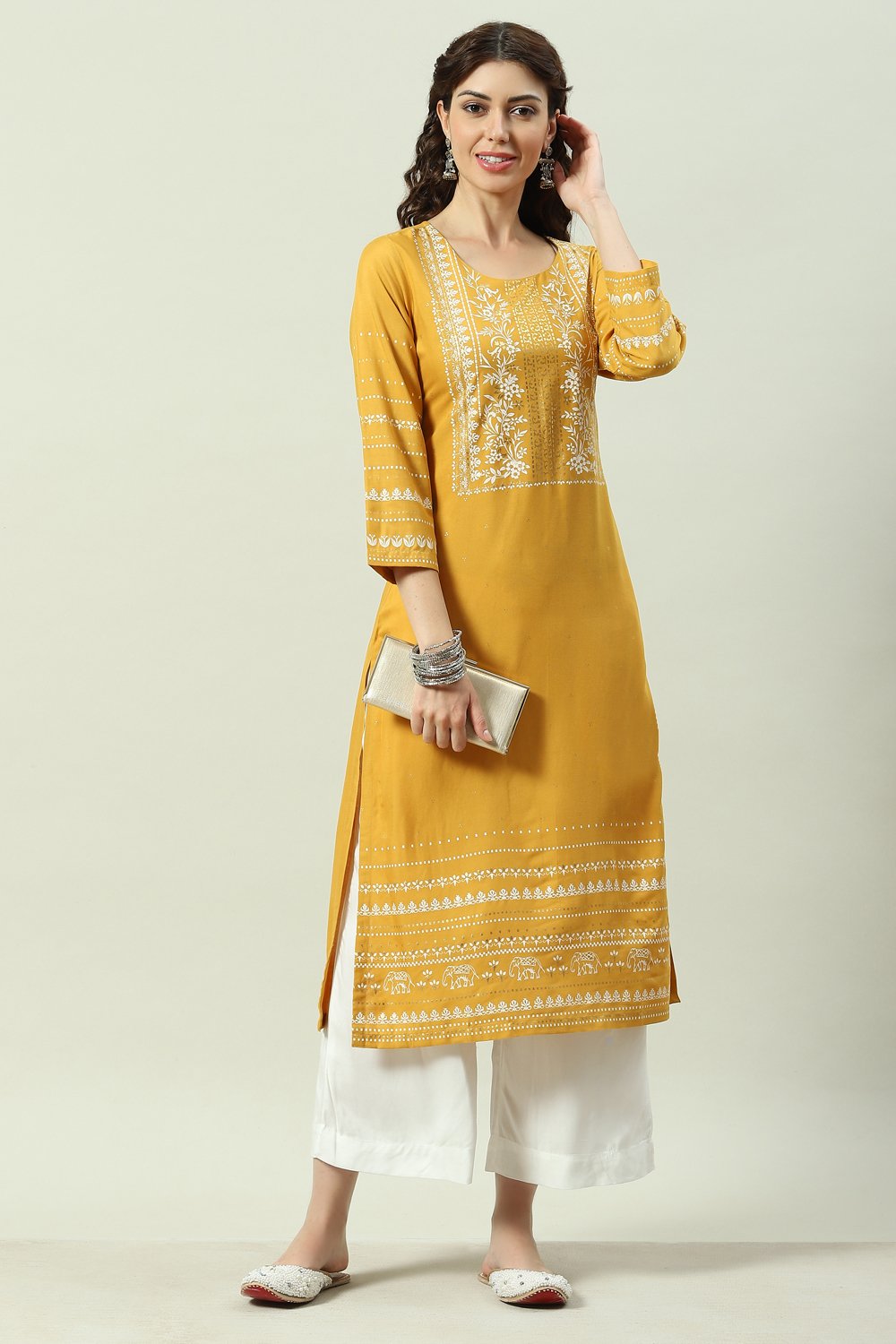 

Mustard Printed Rayon Straight Kurta Palazzo Suit Set