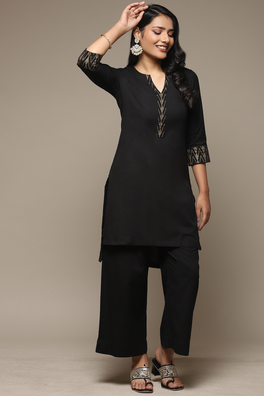 

Black Cotton Blend Straight Kurta Palazzo Suit Set