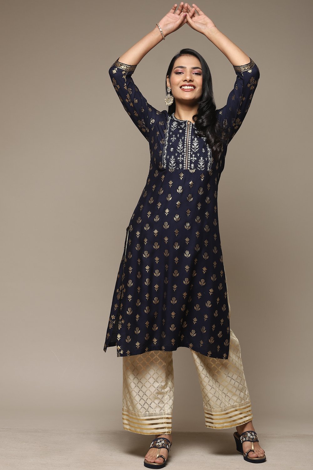 

Navy Blue Rayon Straight Kurta Palazzo Suit Set