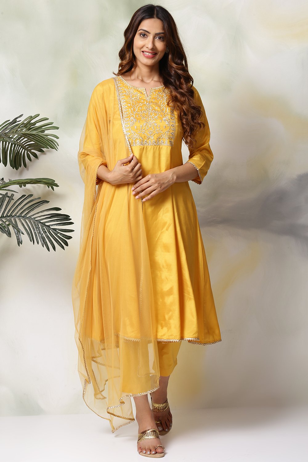 

Mustard Viscose Kalidar Kurta Slim Pant Suit Set