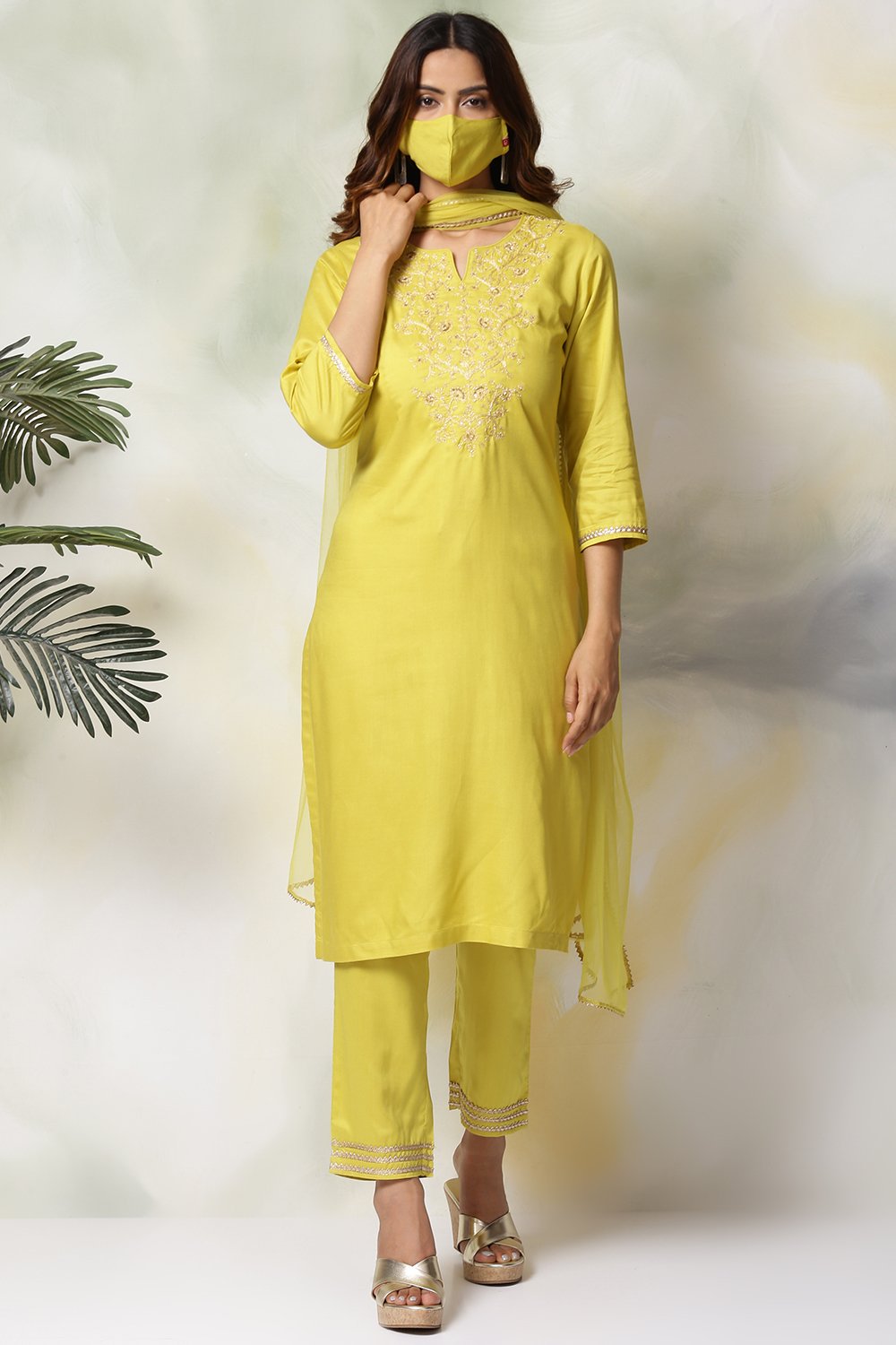 

Lime Green Rayon Straight Kurta Regular Pant Suit Set