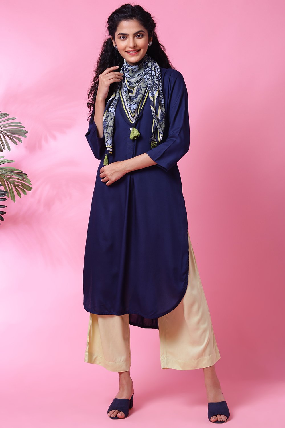 

Navy Rayon Straight Kurta Palazzo Suit Set