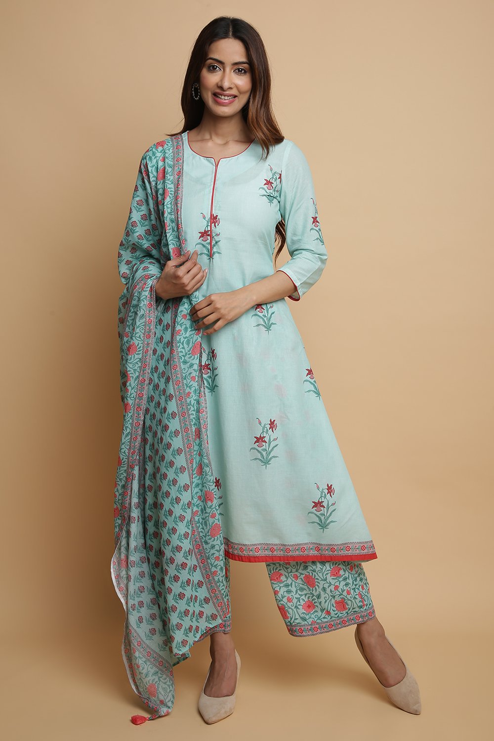 

Mint Cotton A-Line Kurta Palazzo Suit Set