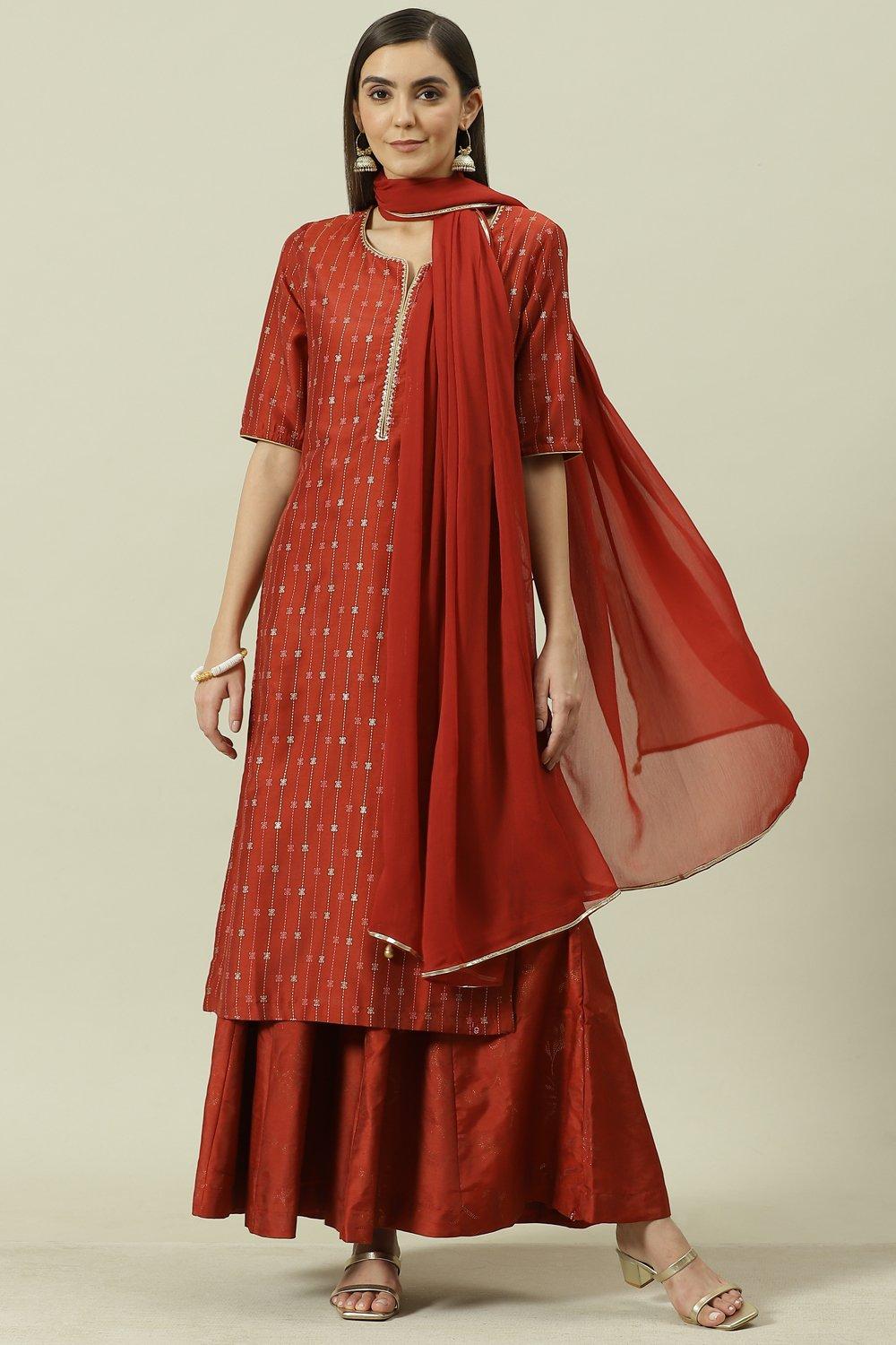 

Terracotta Printed Straight Kurta Sharara Suit Set