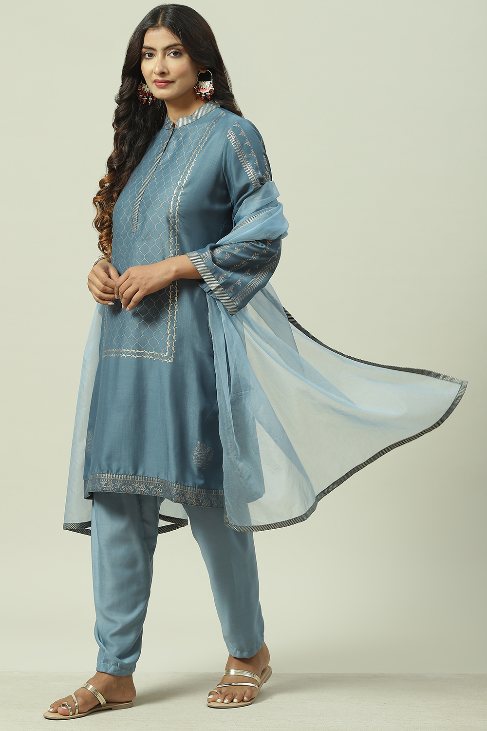 

Sky Blue Printed Straight Kurta Salwar Suit Set