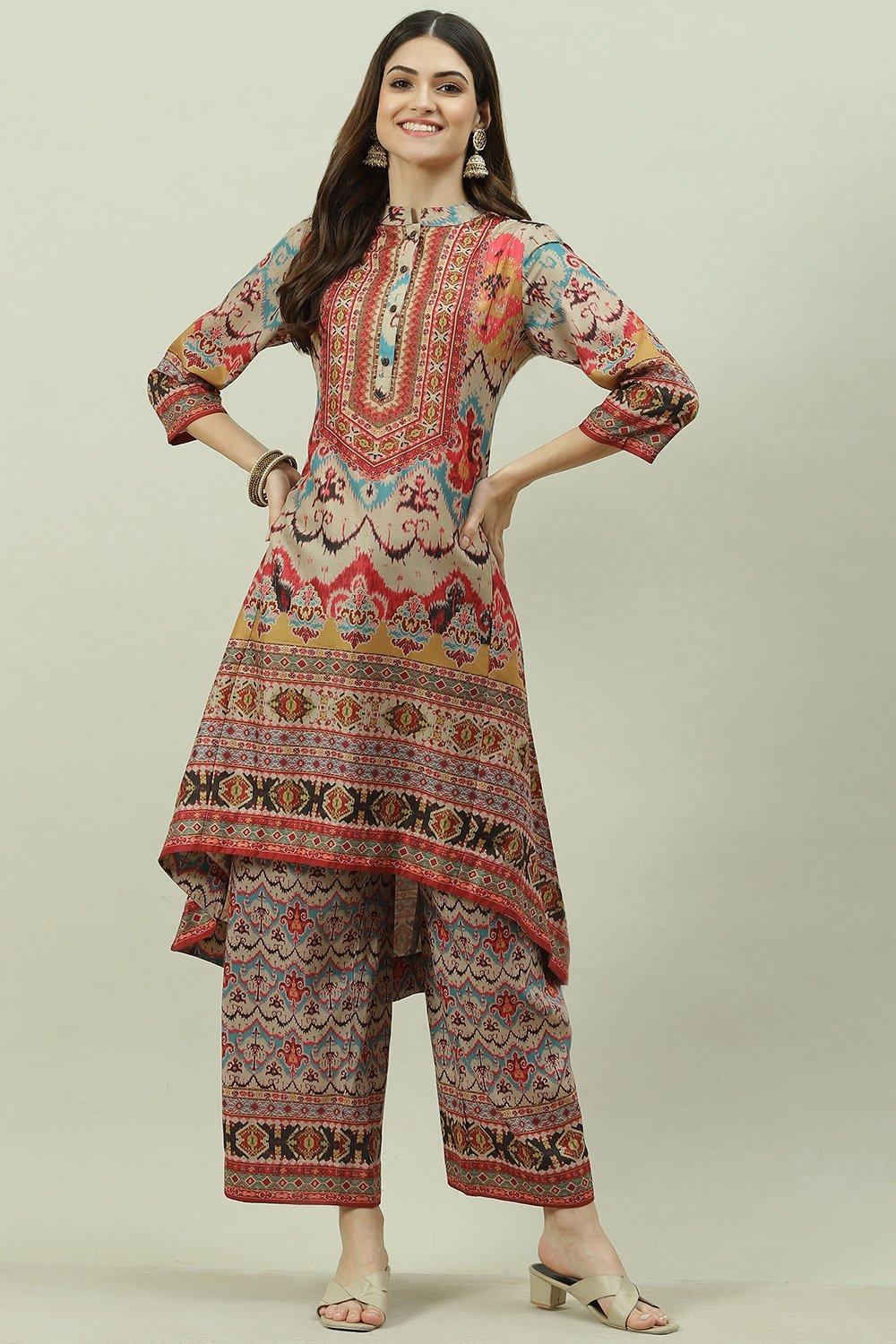 Buy onlineBeige Cotton Blend Asymmetric Printed Kurta Suit Set for ...