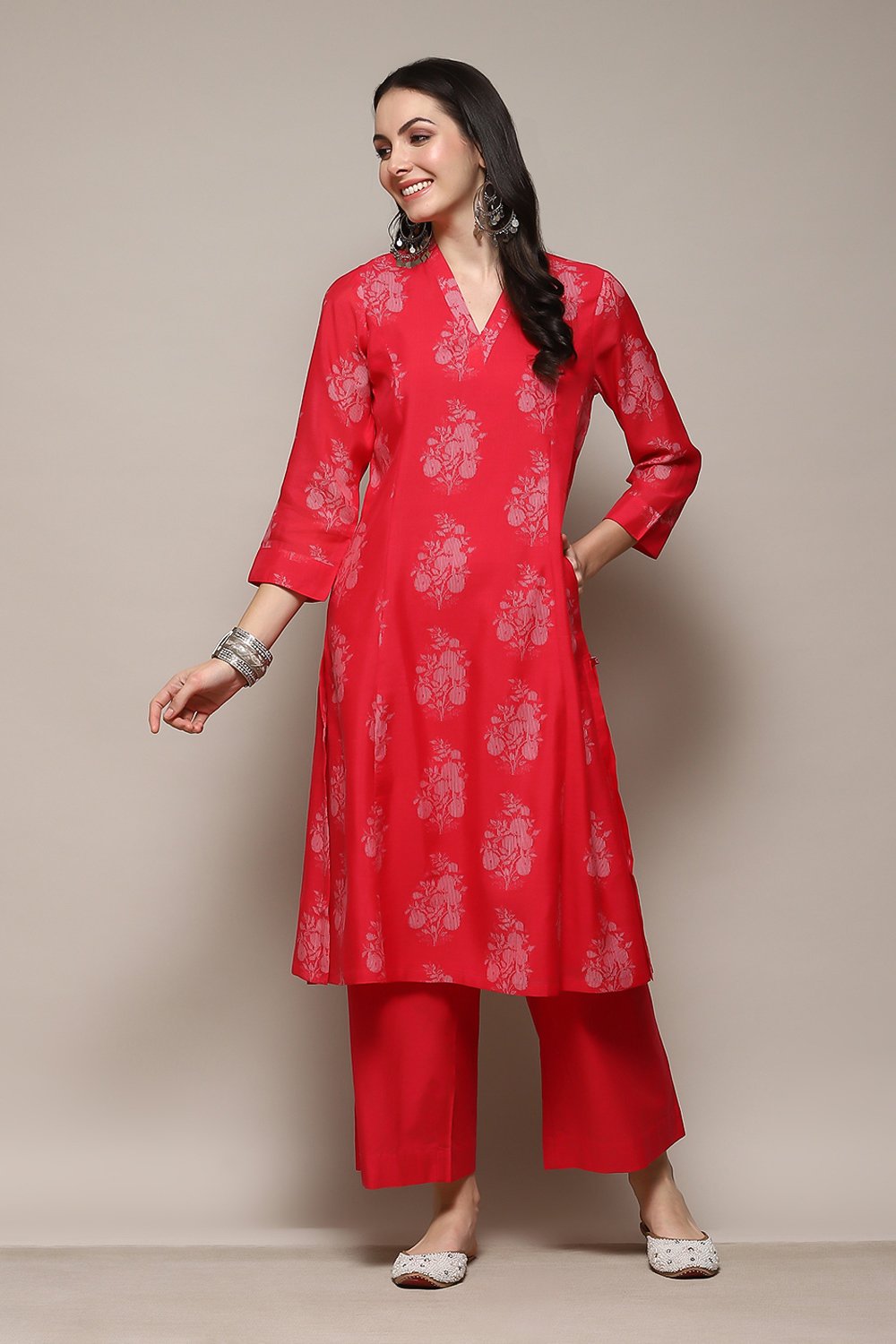 

Pink Poly Chanderi A-Line Printed Kurta Palazzo Suit Set