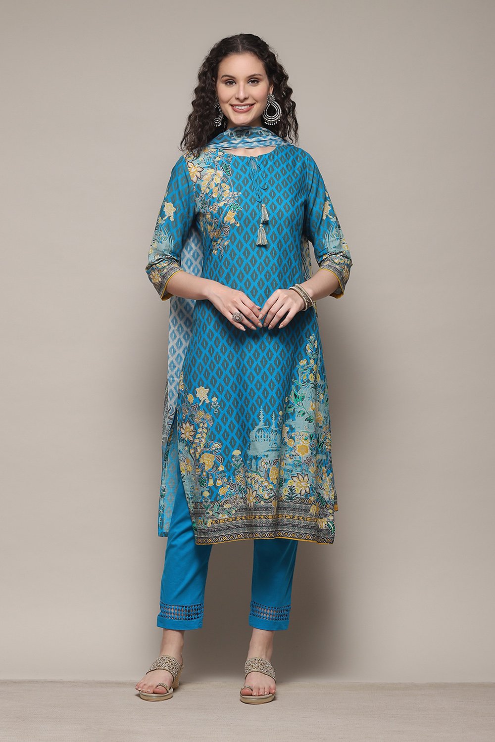 

Turquoise Cotton Straight Printed Kurta Ankle Length Suit Set