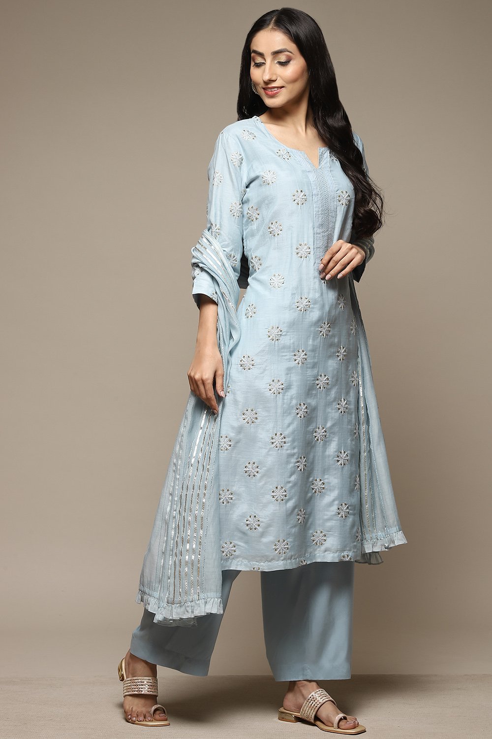 

Powder Blue Cotton Blend Straight Kurta Palazzo Suit Set