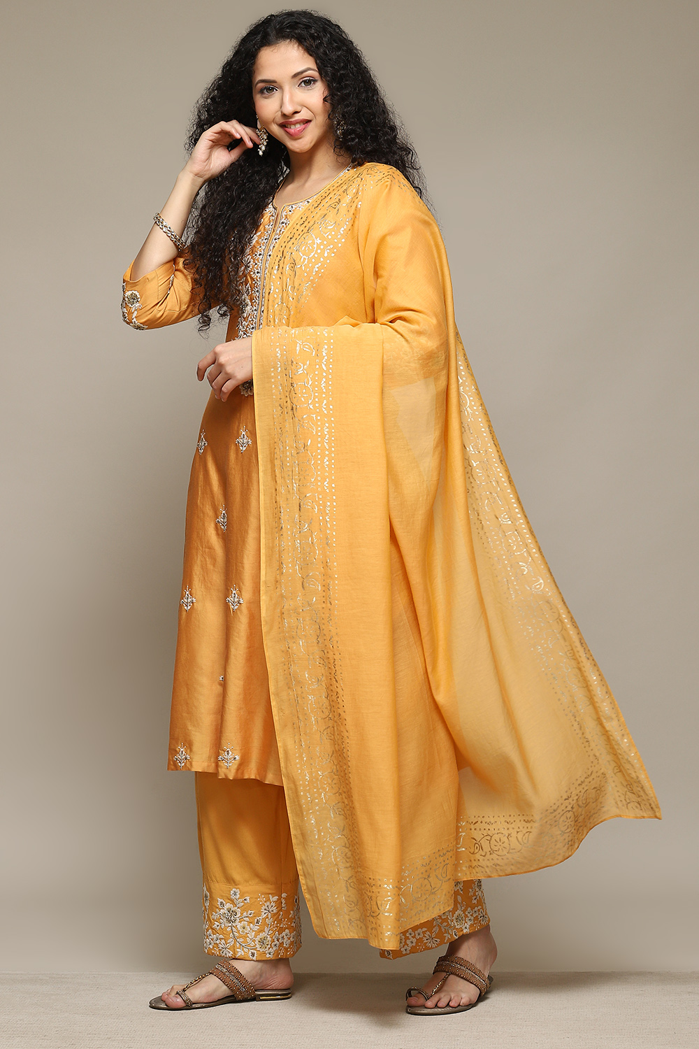 

Ochre Cotton Blend A-Line Kurta Palazzo Suit Set