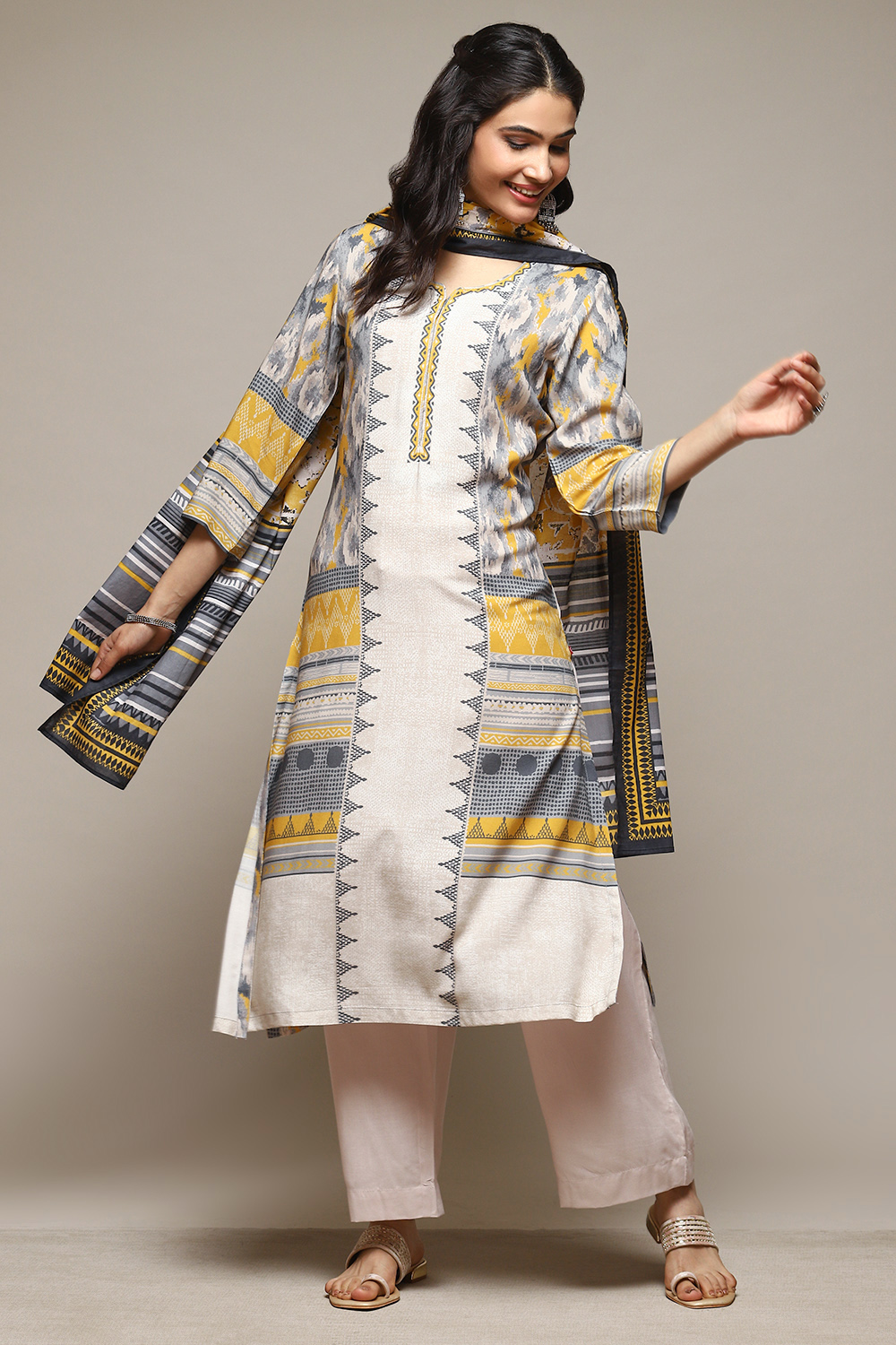 

Off White & Yellow Rayon Straight Kurta Palazzo Suit Set