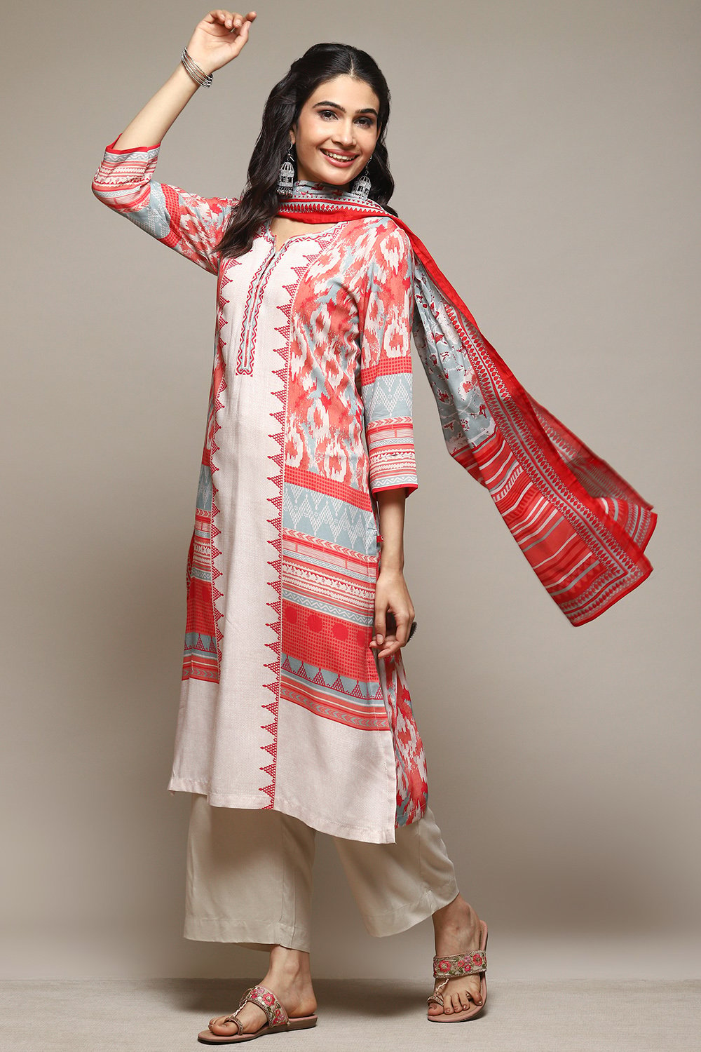 

Off White & Red Rayon Straight Kurta Palazzo Suit Set