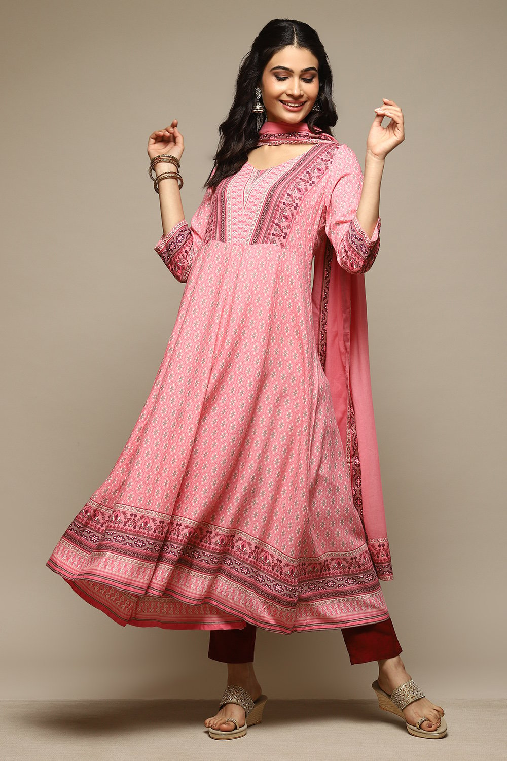 

Pink Rayon Anarkali Kurta Churidar Suit Set