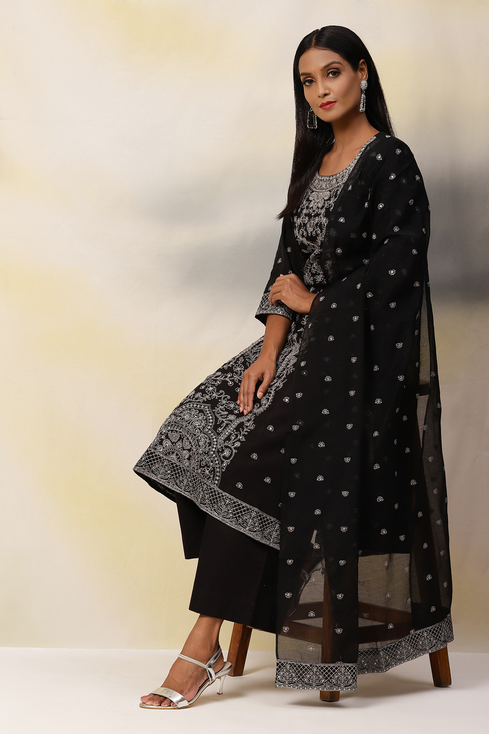 

Black Art Silk Straight Kurta Palazzo Suit Set