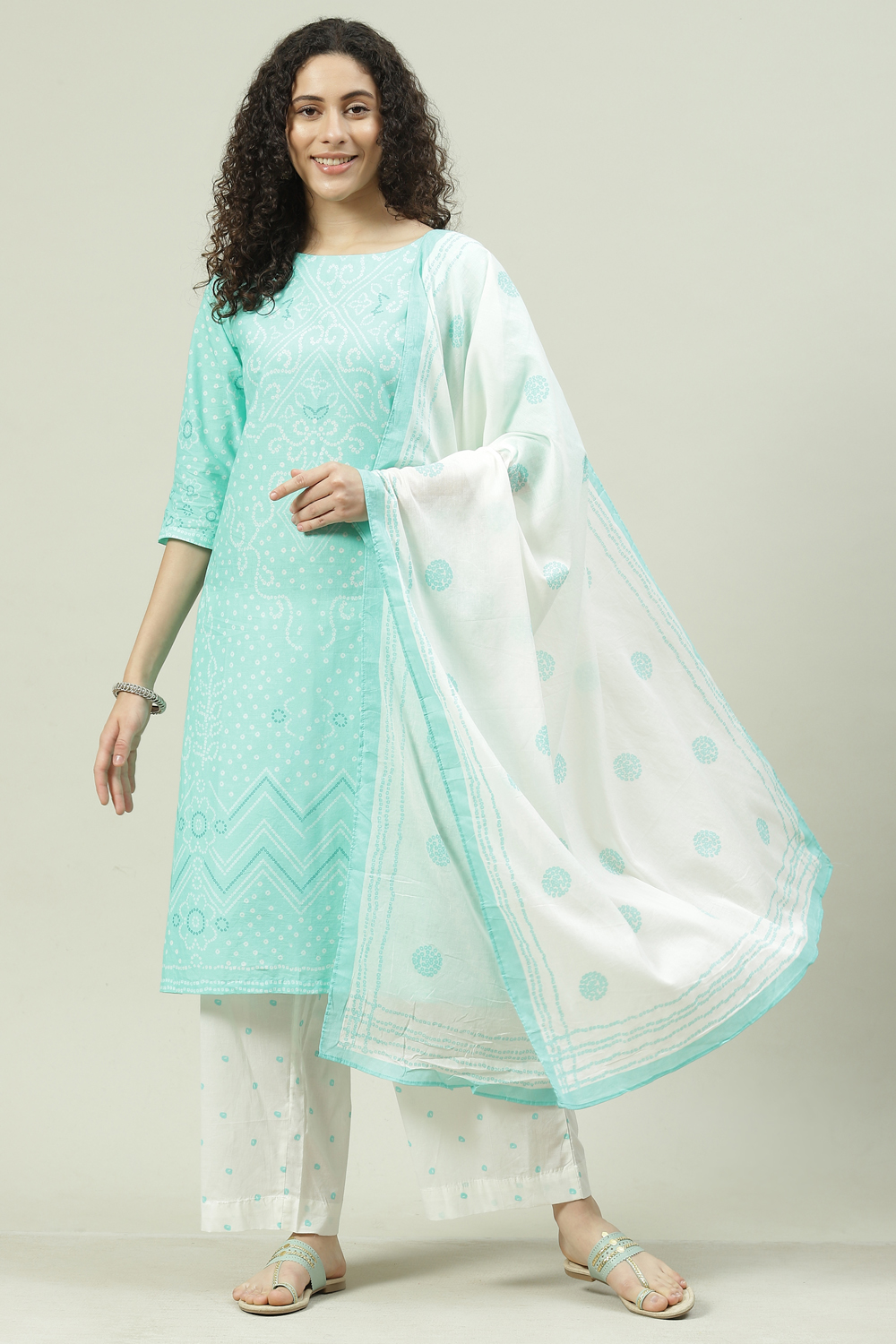 

Aqua Printed Cotton Straight Kurta Palazzo Suit Set