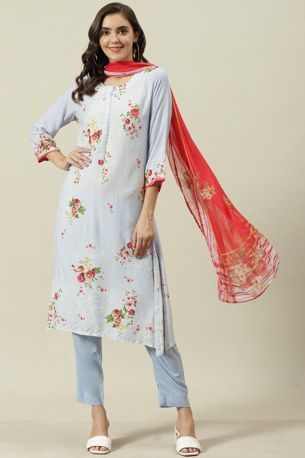 

Sky Blue Printed Viscose A-Line Kurta Slim Pant Suit Set