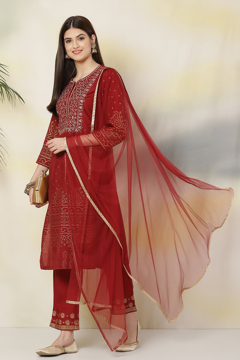 

Maroon Art Silk Straight Kurta Pant Suit Set