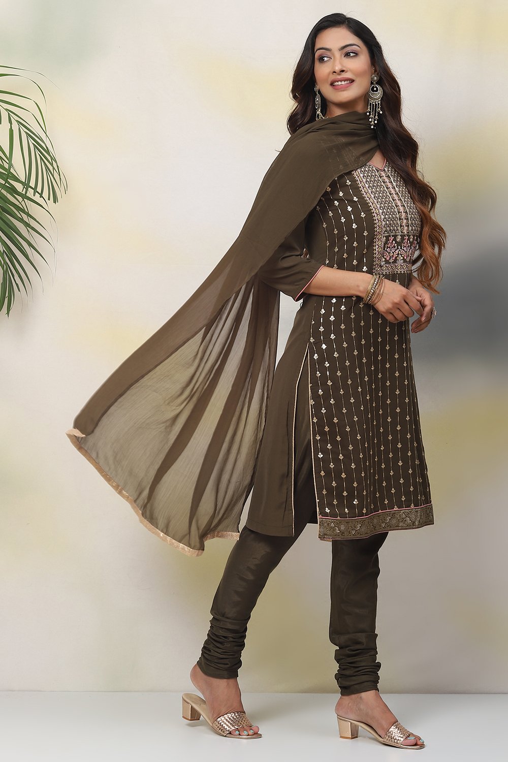 

Mehandi Green Art Silk Straight Kurta Churidar Suit Set