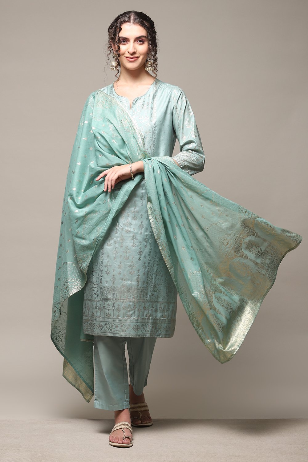 

Sage Green Cotton Straight Kurta Regular Pant Suit Set