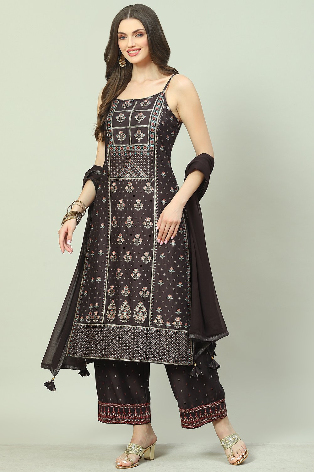 

Chocolate Brown Poly Viscose Straight Kurta Sharara Suit Set