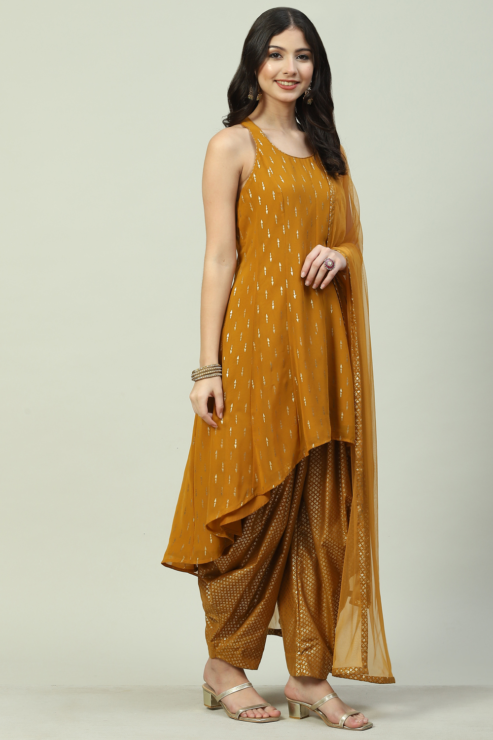 

Mustard Art Silk Asymmetric Kurta Dhoti Salwar Suit Set