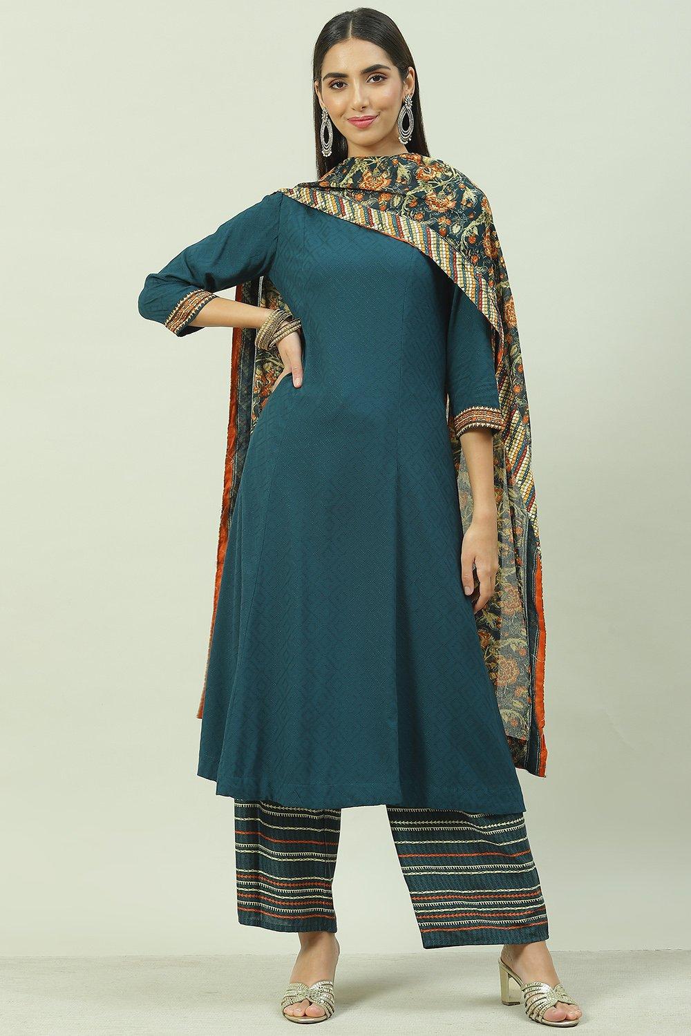 

Teal LIVA Straight Kurta Palazzo Suit Set