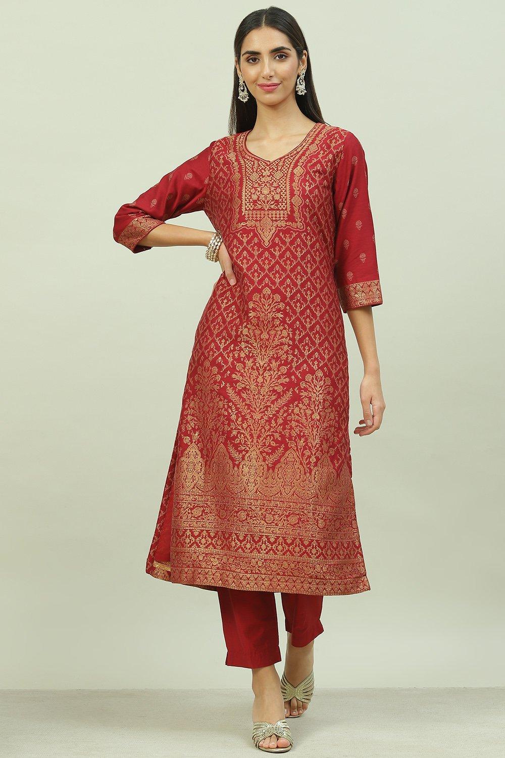 

Maroon Art Silk Straight Kurta Slim Pant Suit Set