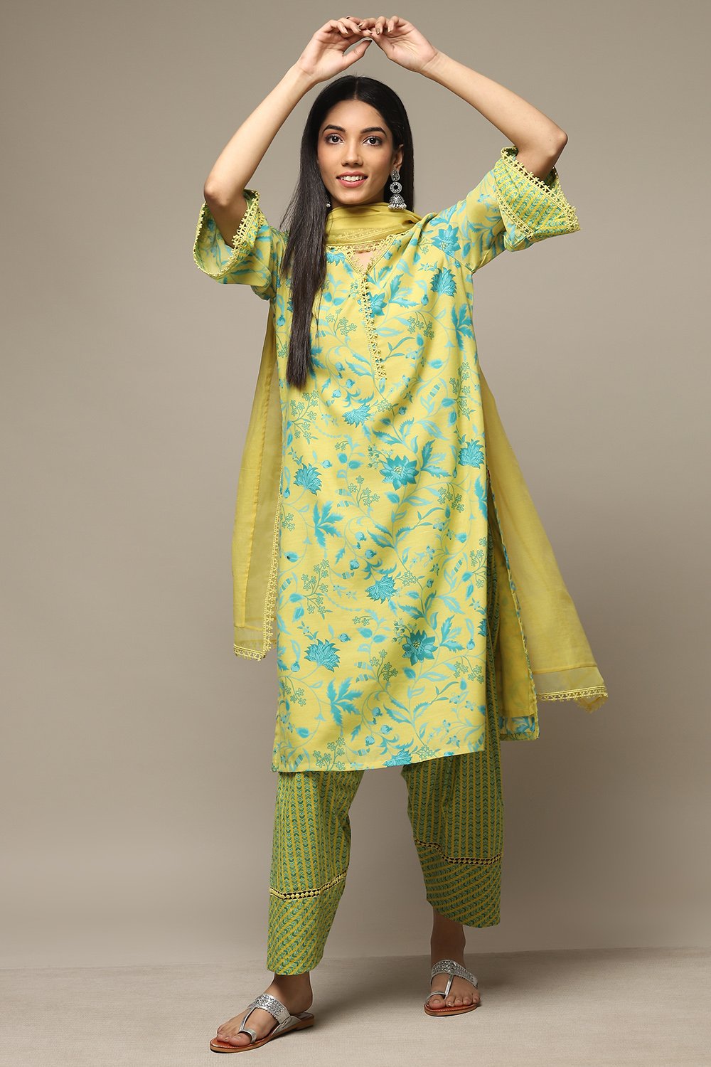 

Lime Green Cotton Blend Straight Kurta Salwar Suit Set