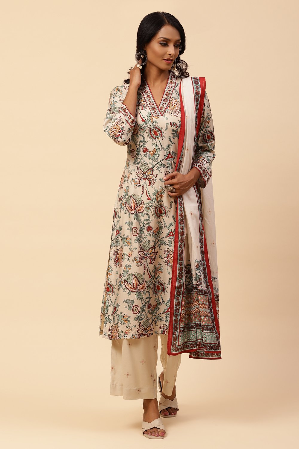 

Ecru Straight Modal Straight Kurta Palazzo Suit Set, Beige