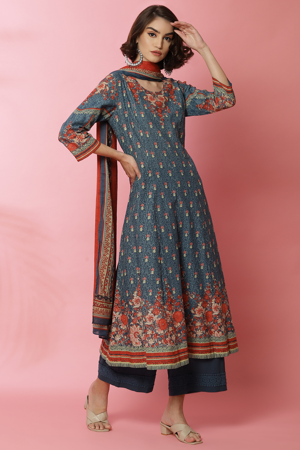 

Blue Cotton Kalidar Kurta Palazzo Suit Set