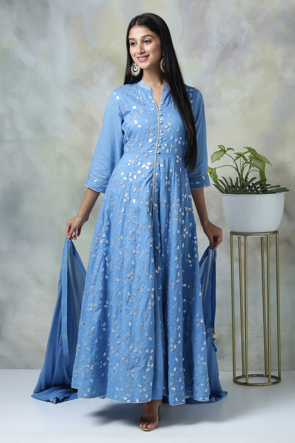 

Blue Cotton Anarkali Kurta Skirt Suit Set