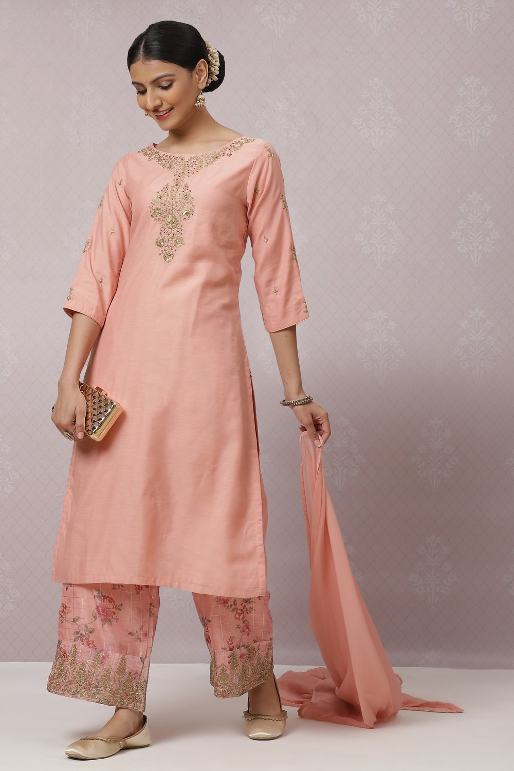 

Peach Art Silk Straight Kurta Palazzo Suit Set