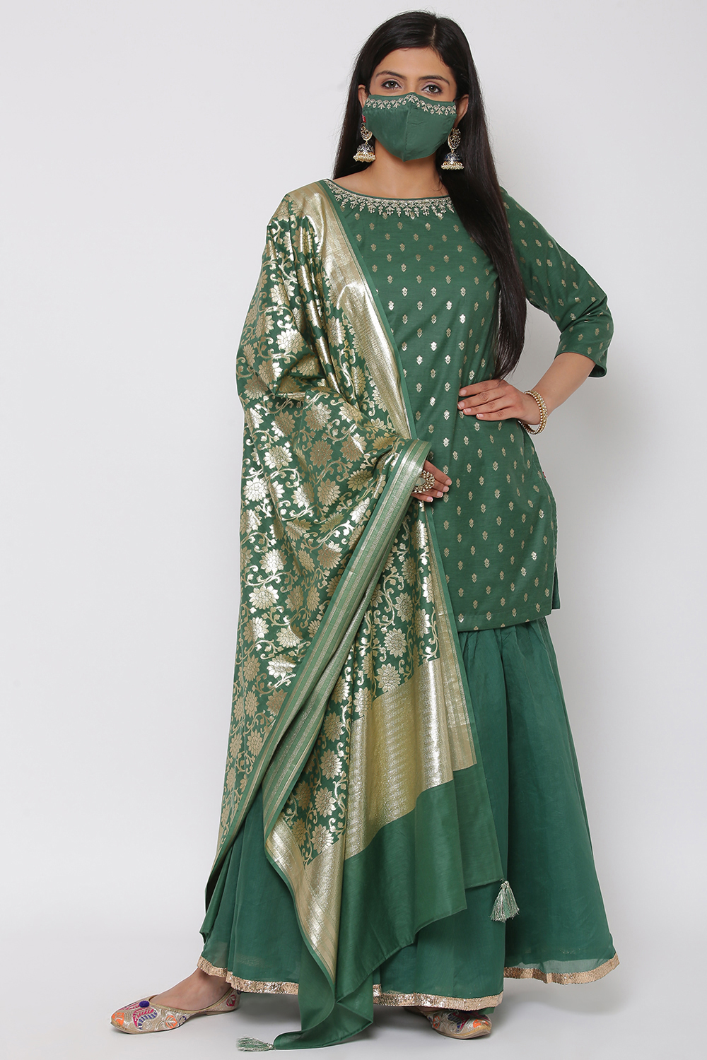 

Green Poly Metallic Sharara Kurta Garara Suit Set