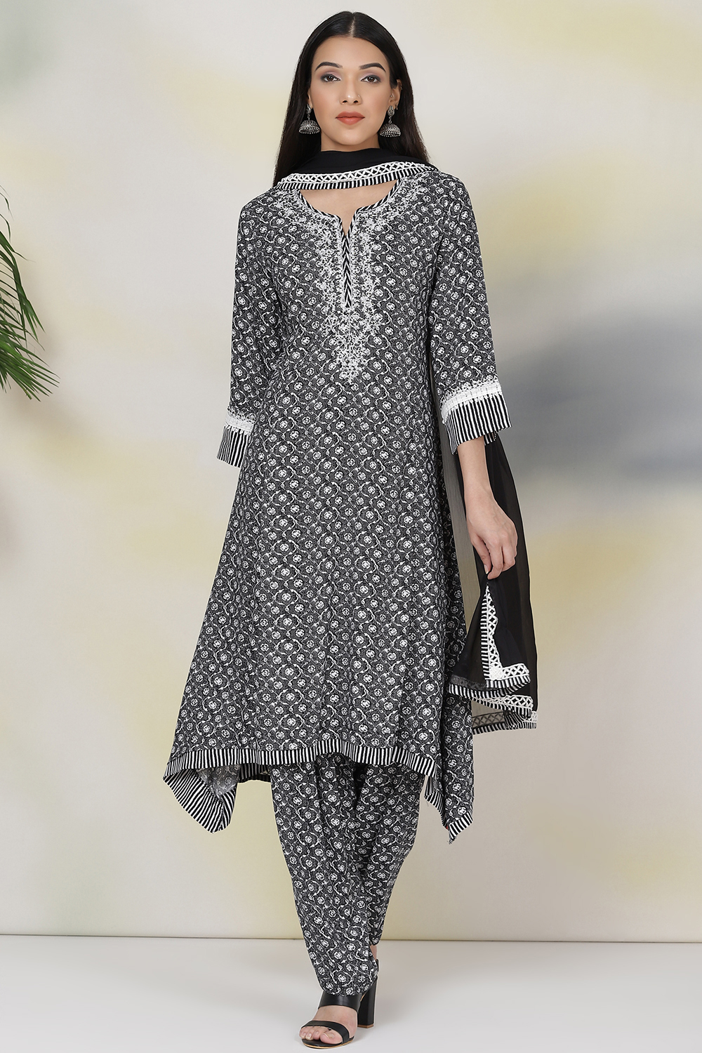 

Black Rayon Asymmetric Kurta Salwar Suit Set