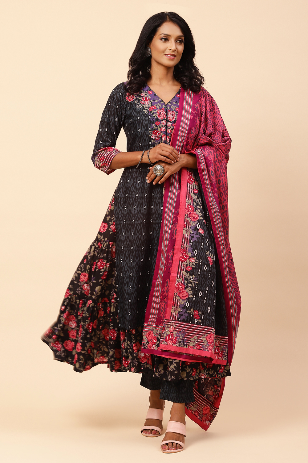 

Black Cotton Double Layered Suit Set With Reversible Dupatta