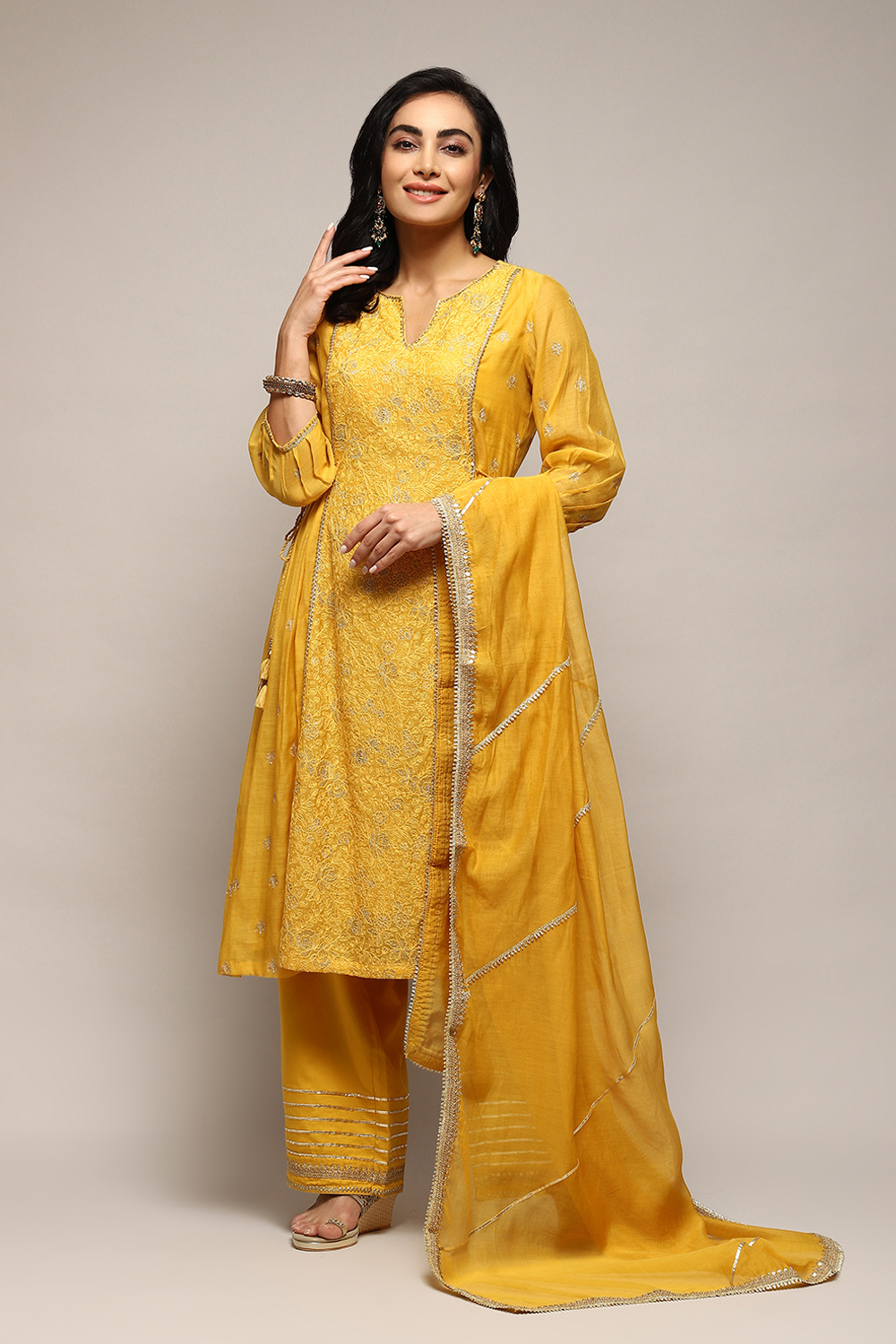 

Yellow Cotton Silk Gathered Kurta Palazzo Suit Set