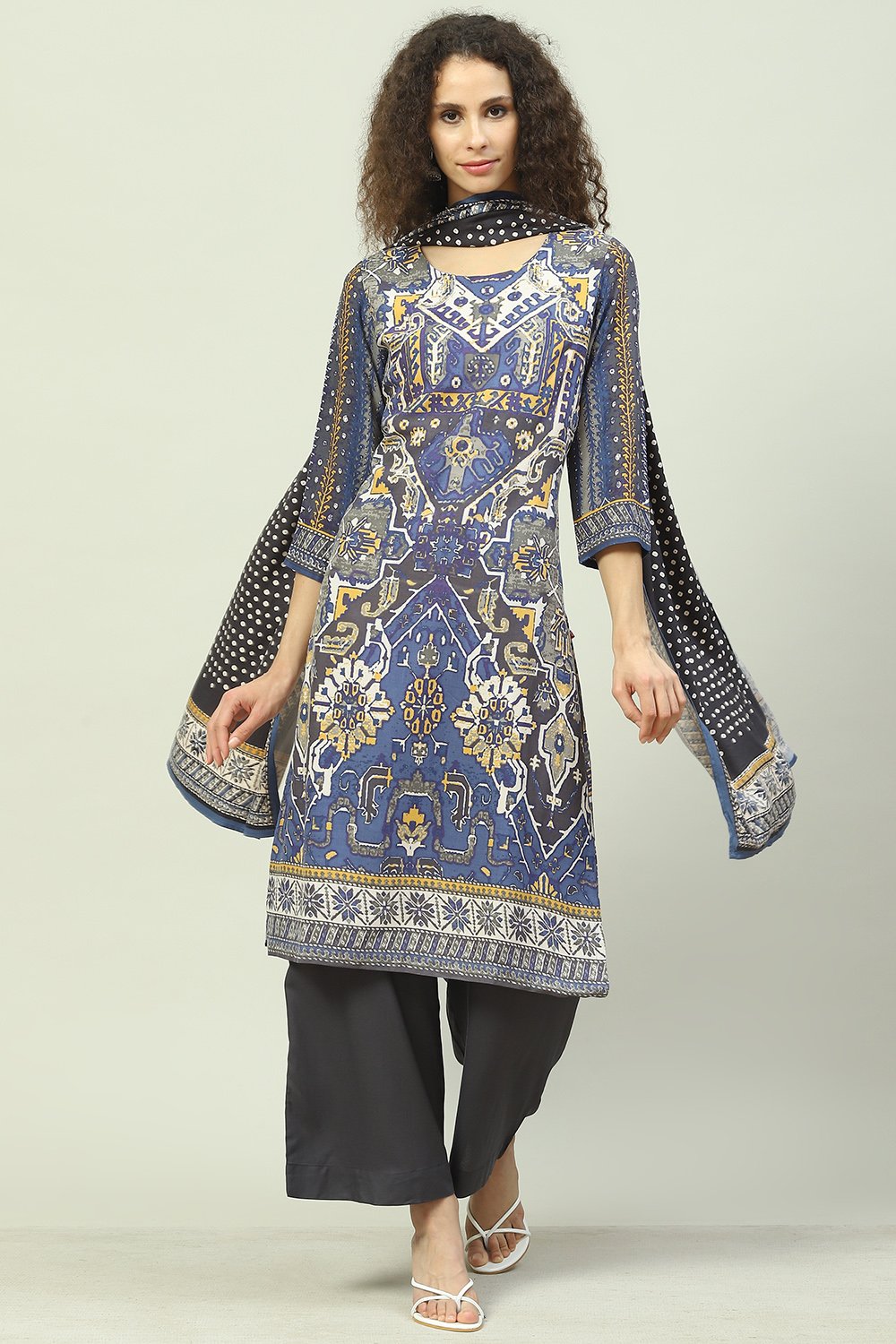 

Blue LIVA Straight Kurta Palazzo Suit Set