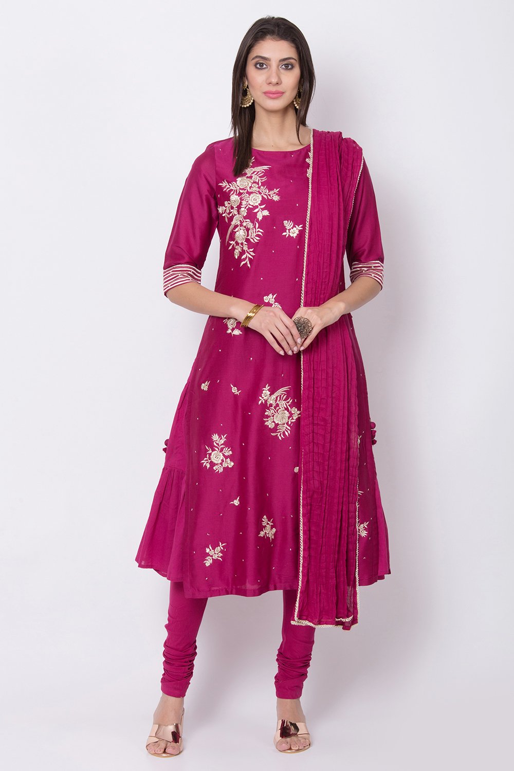 

Wine Cotton Silk Kurta Churidar Suit Set