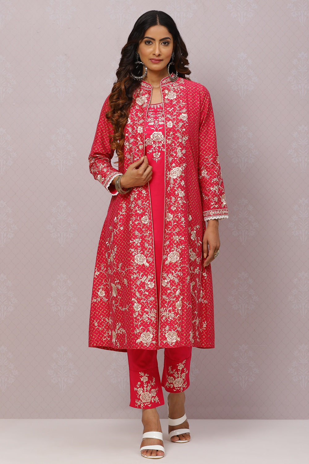 

Pink Poly Viscose Straight Kurta Slim Pant Suit Set