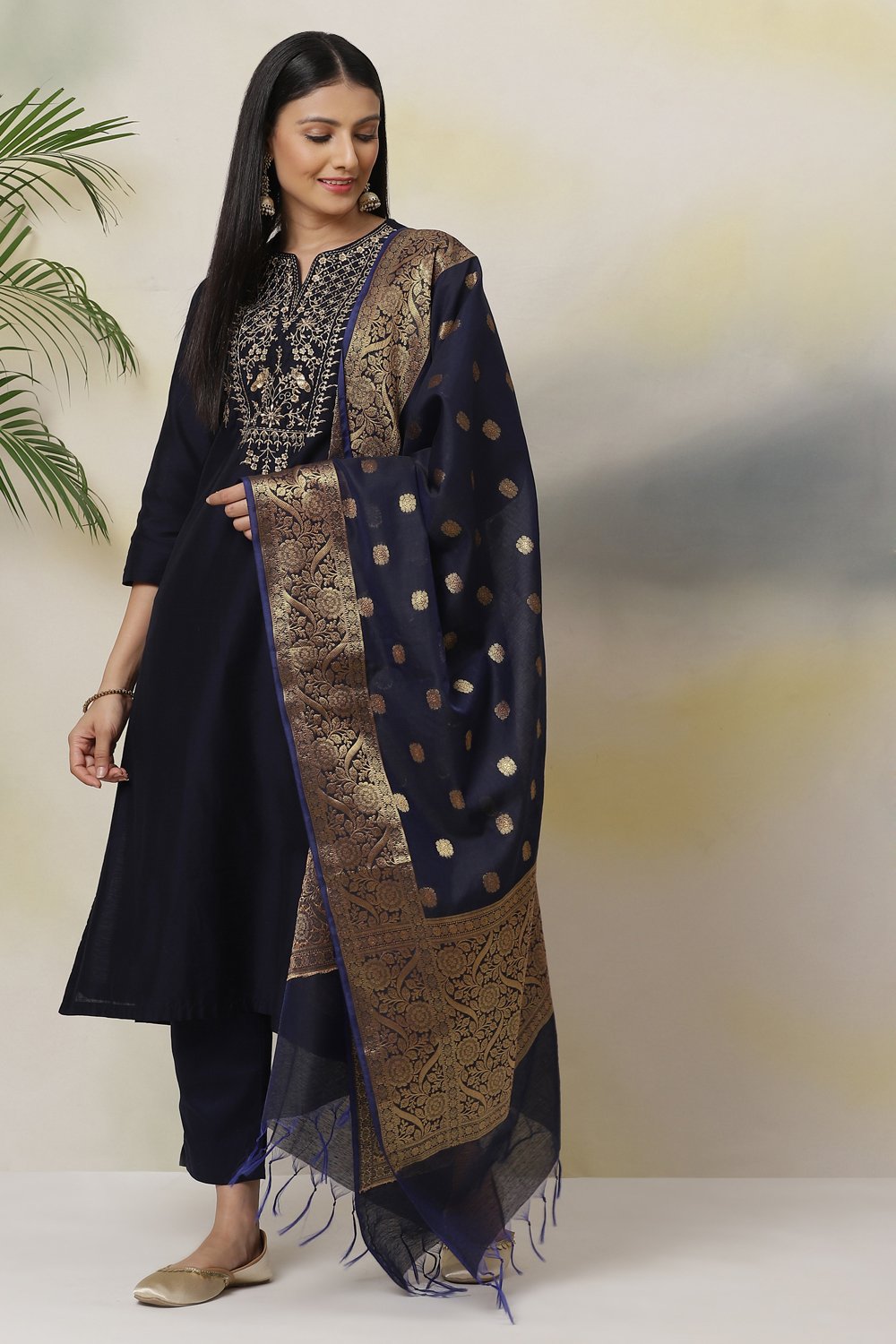 

Navy Blue Poly Viscose Straight Kurta Slim Pant Suit Set