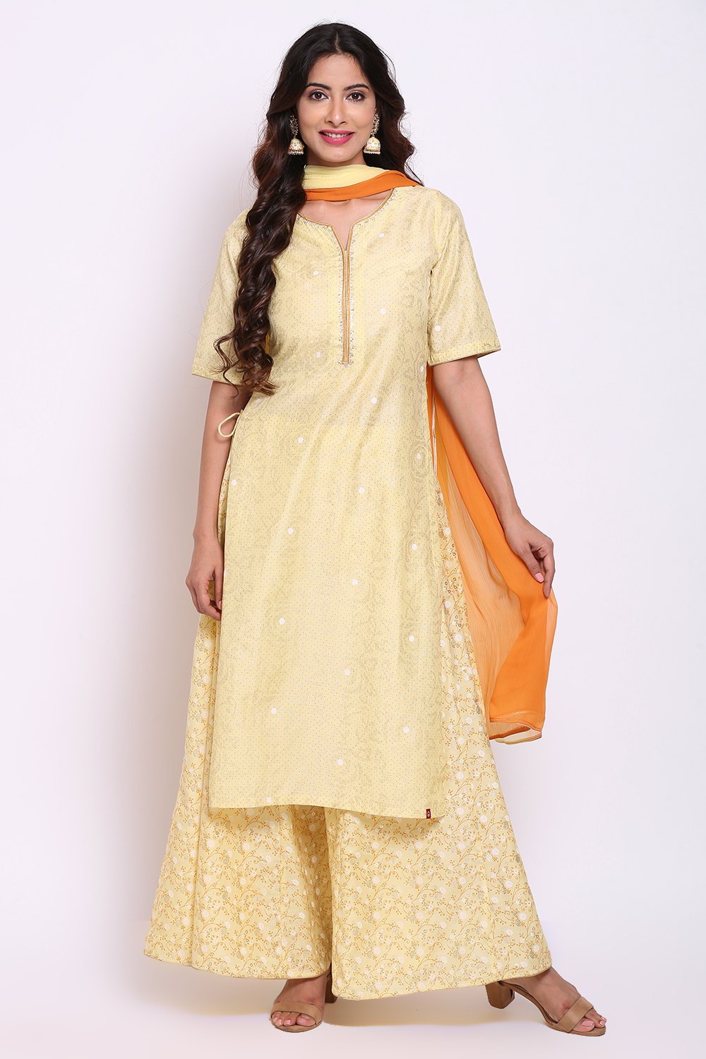 

Lime Yellow Art Silk Kurta Sharara Suit Set