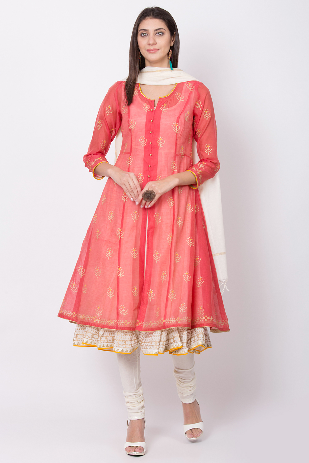 

Coral Poly Cotton Front Open Kurta Churidar Suit Set