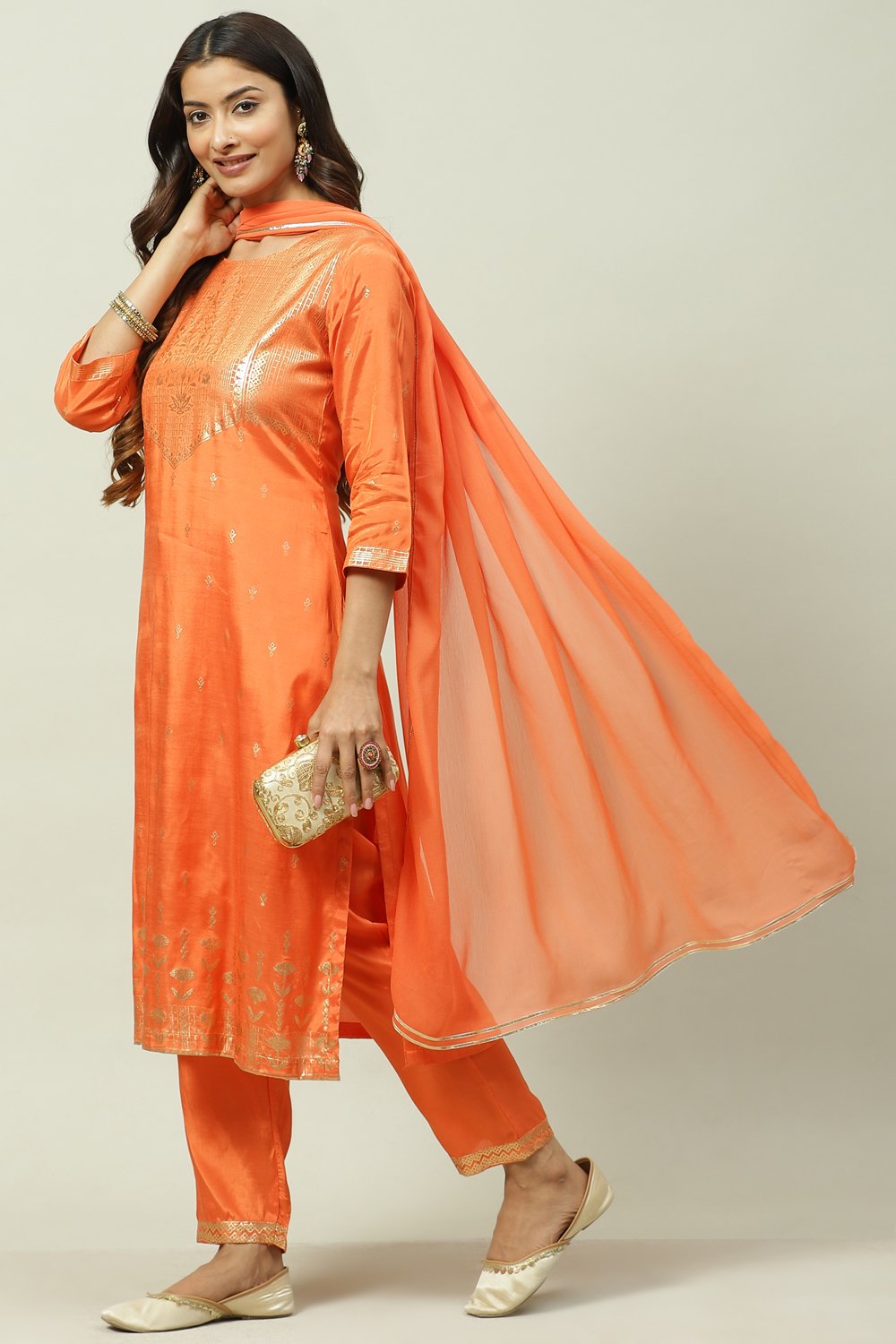 

Orange Printed Viscose Straight Kurta Regular Pant Suit Set