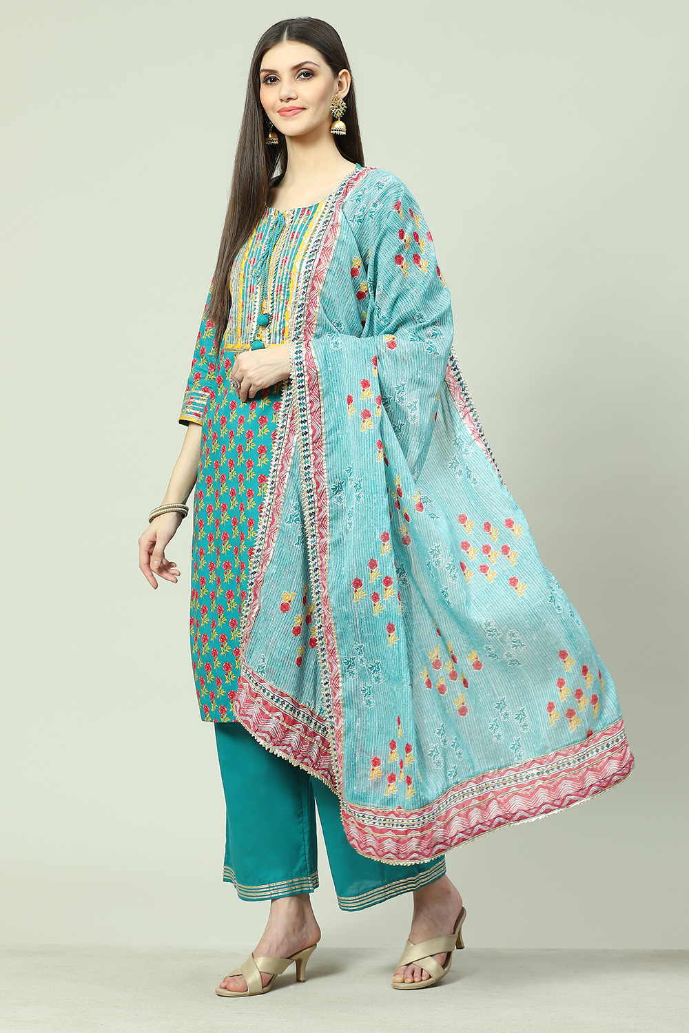 

Teal Cotton Straight Kurta Palazzo Suit Set