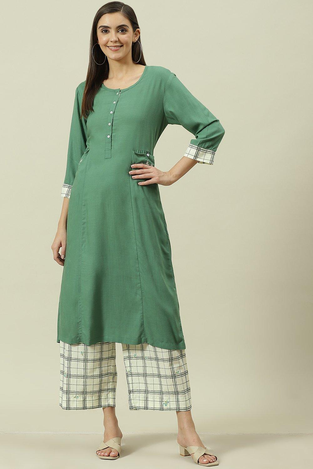 

Sap Green Solid Rayon Straight Kurta Palazzo Suit Set