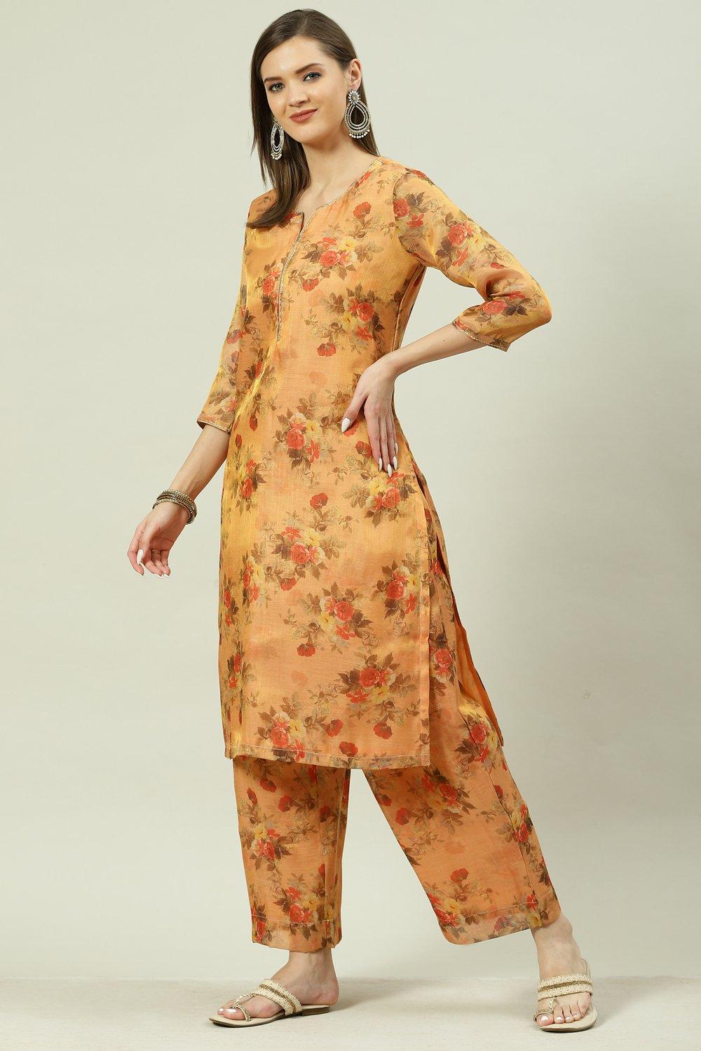 

Peach Printed Straight Kurta Palazzo Suit Set