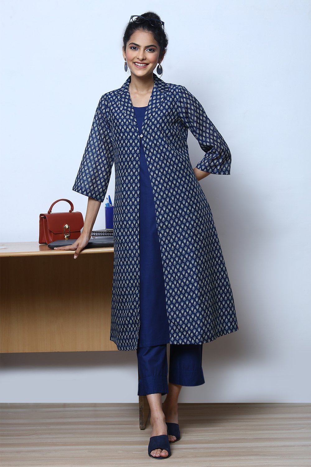 

Indigo Art Silk Fusion Kurta Relaxed Pant Suit Set