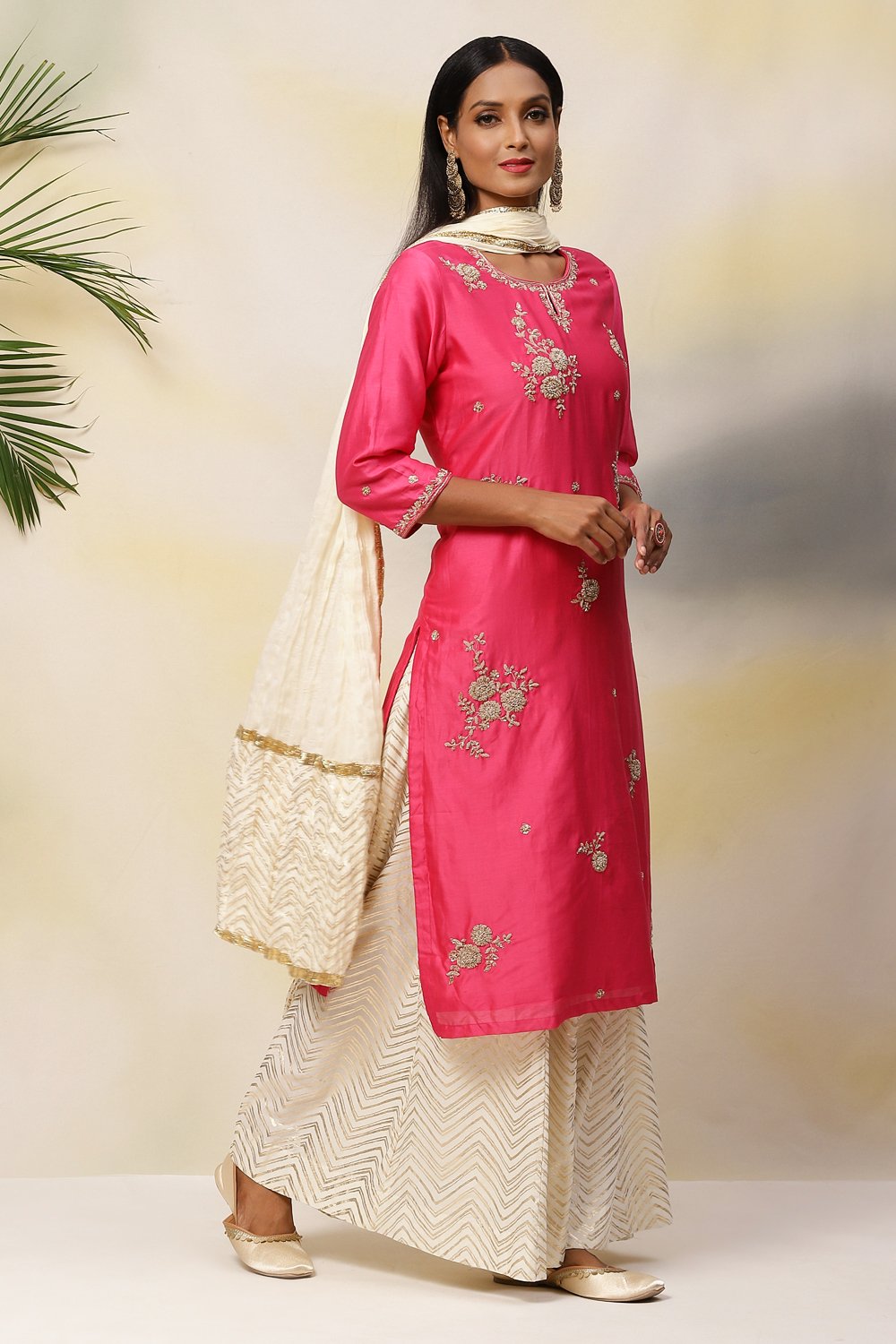 

Fuchsia Cotton Silk Straight Kurta Sharara Suit Set, Fuschia