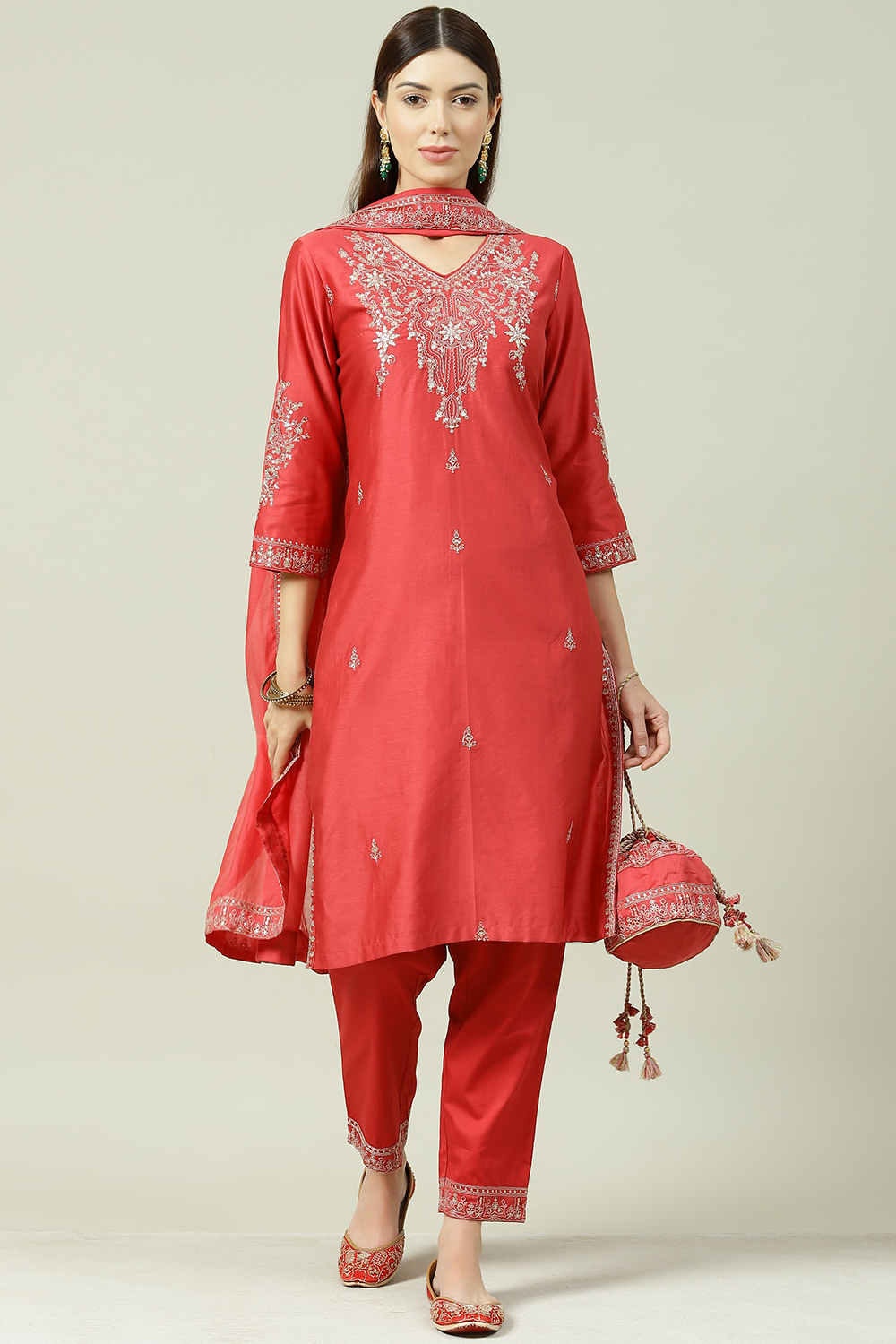 Buy online Red Art Silk Straight Suit Set for women at best price ...