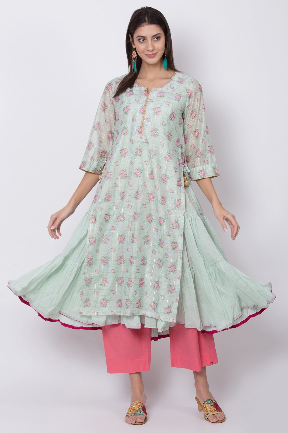 

Mint Green Poly Metallic Cotton Flared Printed Kurta